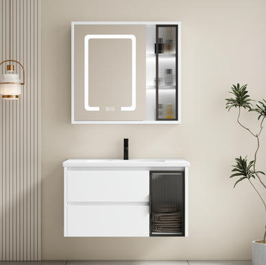 Set complet mobilier baie suspendat Aveline cu lavoar și dulap cu oglindă LED – alb