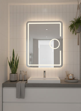 Oglindă baie LED H-1041 dreptunghiulară cu lupă cosmetică, 3 funcții lumină și anti-aburire