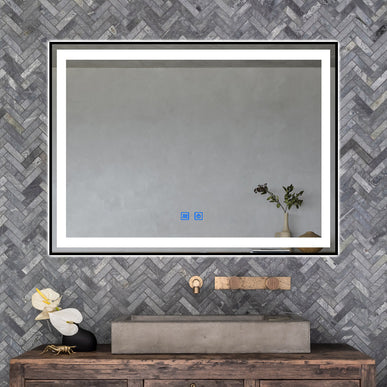 Oglindă baie LED H-130 cu ramă aluminiu negru, 3 nuanțe de lumină, anti-aburire și touch