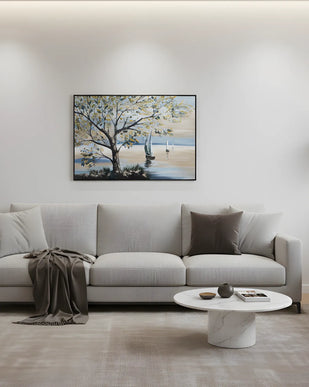 Tablou marin cu copac și vele în tonuri reci – 120×80 cm | Olivy