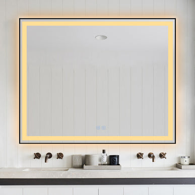 Oglindă baie LED H-142 ramă negru mat, anti-aburire și touch