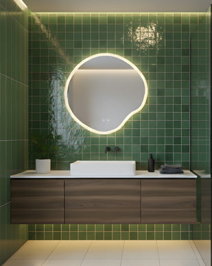 Oglindă baie LED H-3018, forma neregulată, 3 nuanțe de lumină, anti-aburire, touch control