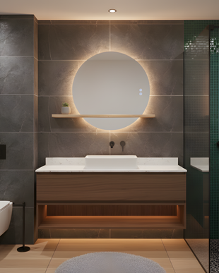 Oglindă Rotundă LED H-2004 cu Raft din Lemn – 3 Nuante de Lumină, Anti-Aburire, Touch Control