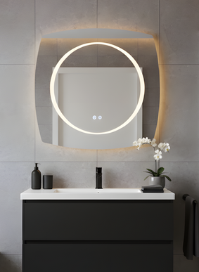 Oglindă baie LED 80x80 cm pătrată cu colțuri rotunjite, 3 nuanțe de lumină, anti-aburire și touch control J-3075