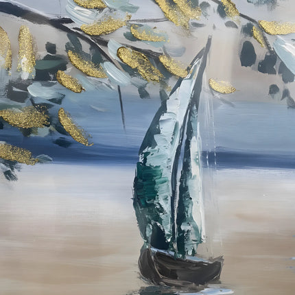 Tablou marin cu copac și vele în tonuri reci – 120×80 cm | Olivy