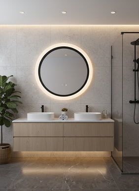 Oglindă rotundă cu LED H-2022, ramă acril + aluminiu negru, 3 nuanțe de lumină, anti-aburire, senzor infraroșu & comutator tactil