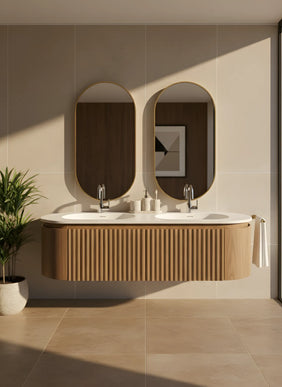 Set Mobilier Baie Dublu din Lemn cu Două Lavoare & Oglinzi LED – Design Premium