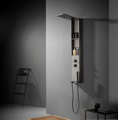 Panel de Duș Gun Metal – Design Minimalist cu Duș Fix, Rafturi Integrate și Duș de Mână
