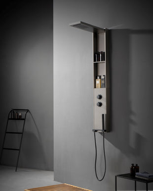 Panel de Duș Gun Metal – Design Minimalist cu Duș Fix, Rafturi Integrate și Duș de Mână