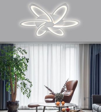 Lustra LED Minimalist Flower G3818/6, cu telecomanda, 144W, 6000lm, alb, cu trei tipuri de lumina LMX