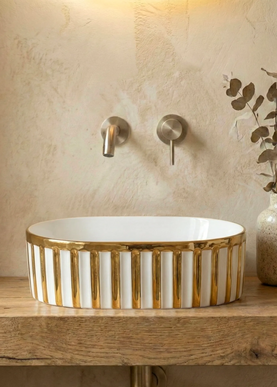 Lavoar ceramic oval A721-GGLW – design elegant alb lucios cu decor auriu