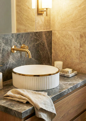 Lavoar ceramic rotund A725-GGLG – design modern alb lucios cu linie aurie decorativă