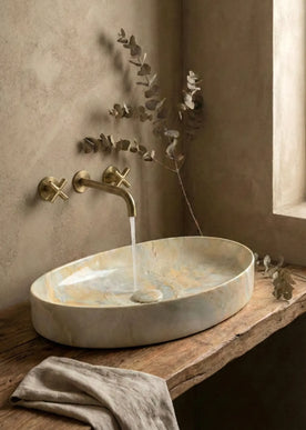 Lavoar ceramic oval A745-P786 – design marmorat crem lucios cu vene aurii