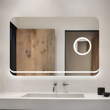 Oglindă Baie LED H-1083 Dreptunghiulară cu Lupă Cosmetică, 3 Funcții de Lumină, Anti-Aburire și Comutator Tactil