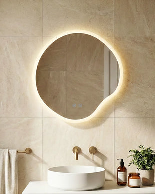 Oglindă baie LED 80x80 cm cu formă neregulată, 3 nuanțe de lumină, anti-aburire și touch control J-3018