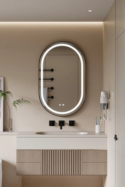 Oglindă LED H-3055 Negru cu bandă COB | 3 nuanțe de lumină & anti-aburire