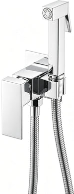 Set duș igienic JH-17131, finisaj crom, cu baterie monocomandă geometrică, pară de duș dreptunghiulară, suport integrat și furtun flexibil