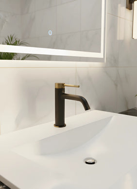 Baterie lavoar cu mâner și bază zimțate – negru mat si auriu periat