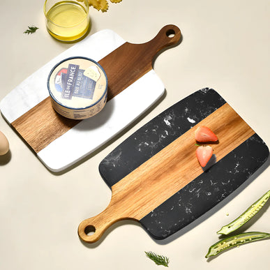 Tocător din lemn de acacia și marmură neagră, 35×18 cm, design modern, Olivy