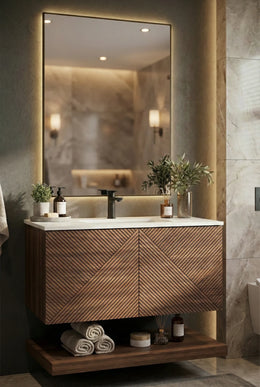 Set Mobilier Baie din Lemn cu Design Geometric & Oglindă LED – Model Premium