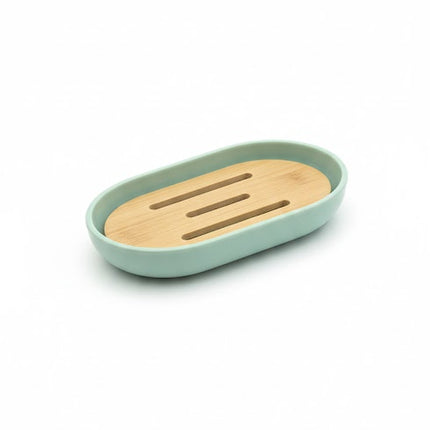 Set accesorii baie, cu accente lemnoase, SANITARY, 6 piese, menta cu detalii bej
