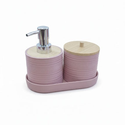 Set accesorii baie, cu accente lemnoase, SANITARY, 8 piese, roz cu detalii bej