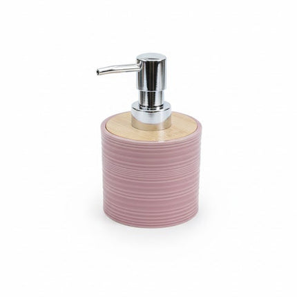 Set accesorii baie, cu accente lemnoase, SANITARY, 8 piese, roz cu detalii bej