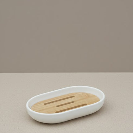 Set accesorii baie, cu accente lemnoase, SANITARY, 6 piese, alb cu detalii bej