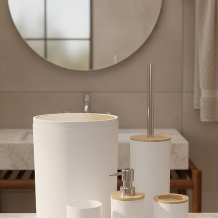 Set accesorii baie, cu accente lemnoase, SANITARY, 6 piese, alb cu detalii bej