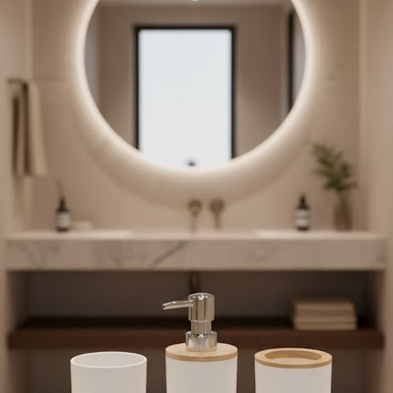 Set accesorii baie, cu accente lemnoase, SANITARY, 6 piese, alb cu detalii bej