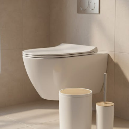Set accesorii baie, cu accente lemnoase, SANITARY, 6 piese, alb cu detalii bej