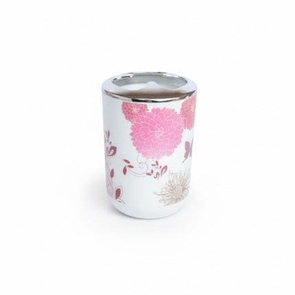 Set accesorii baie alb "Floral Harmony", SANITARY – 6 piese, cu imprimeu floral roz