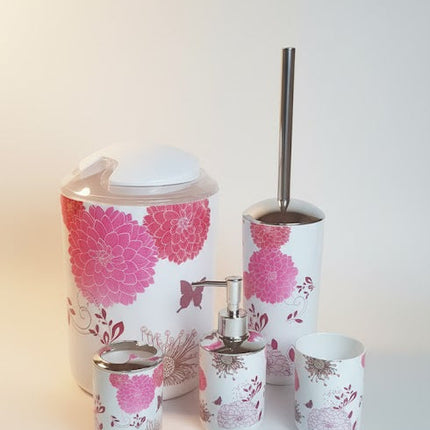 Set accesorii baie alb "Floral Harmony", SANITARY – 6 piese, cu imprimeu floral roz