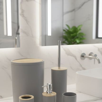 Set accesorii baie, cu accente lemnoase, SANITARY, 6 piese, gri cu detalii bej