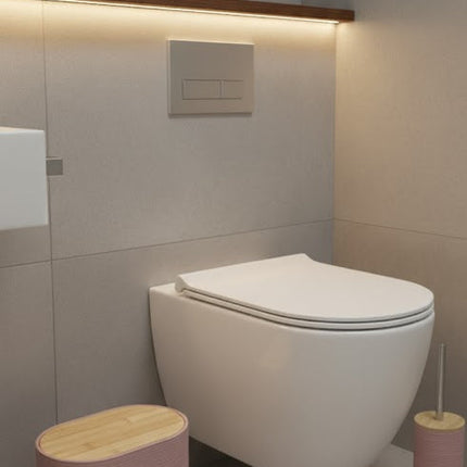 Set accesorii baie, cu accente lemnoase, SANITARY, 8 piese, roz cu detalii bej