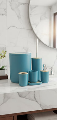 Set accesorii baie, cu accente lemnoase, SANITARY, 6 piese, turcoaz cu detalii bej deschis