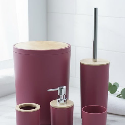 Set accesorii baie, cu accente lemnoase, SANITARY, 6 piese, visiniu inchis cu detalii bej