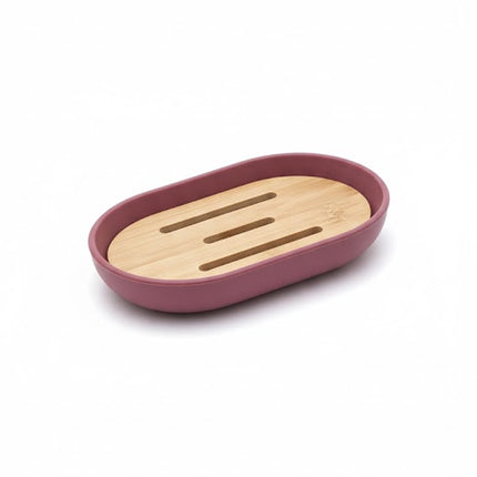 Set accesorii baie, cu accente lemnoase, SANITARY, 6 piese, visiniu inchis cu detalii bej