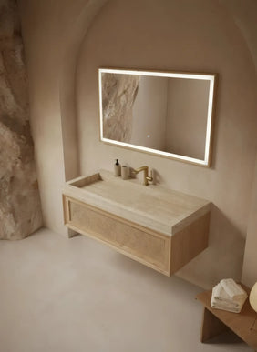 Set mobilier baie suspendat 120 cm, cu dulap din lemn, lavoar rock slab și oglindă LED cu ramă pentru baie modernă