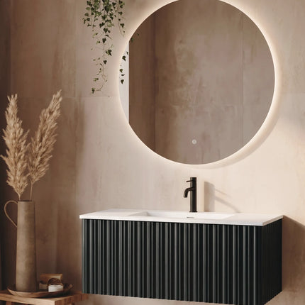 Set mobilier baie suspendat 100 cm, negru, cu lavoar din rășină și oglindă LED rotundă fără ramă