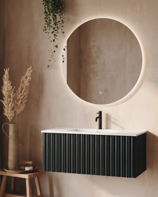 Set mobilier baie suspendat 100 cm, negru, cu lavoar din rășină și oglindă LED rotundă fără ramă
