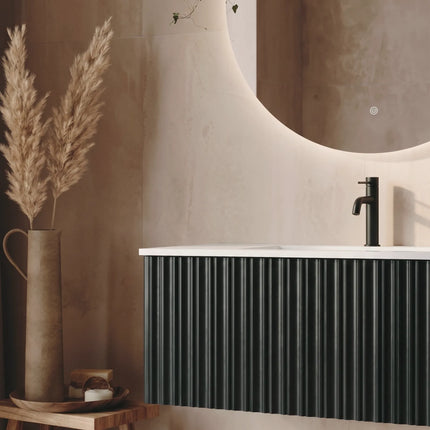 Set mobilier baie suspendat negru 100 cm cu lavoar și oglindă LED