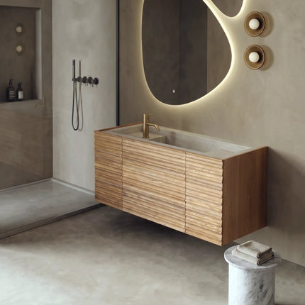 Set mobilier baie suspendat din lemn 120 cm cu lavoar rock slab și oglinzi LED