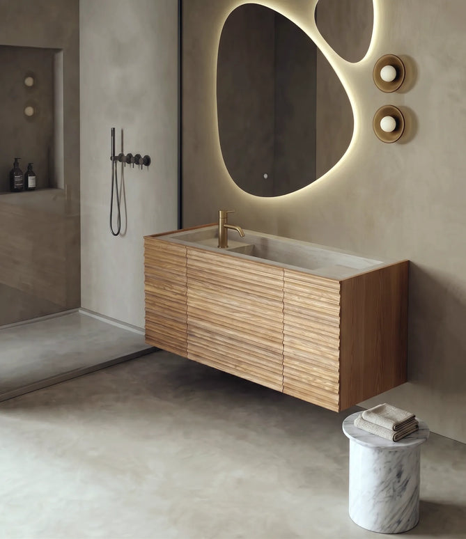 Set mobilier baie suspendat din lemn 120 cm cu lavoar rock slab și oglinzi LED
