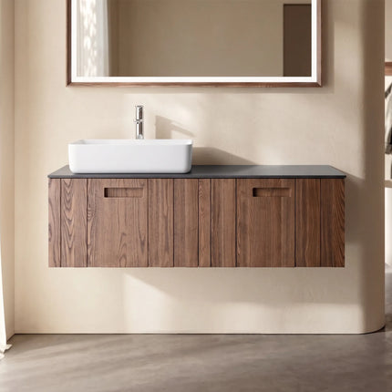 Set mobilier baie suspendat din lemn 140 cm cu lavoar și oglindă LED cu ramă din lemn