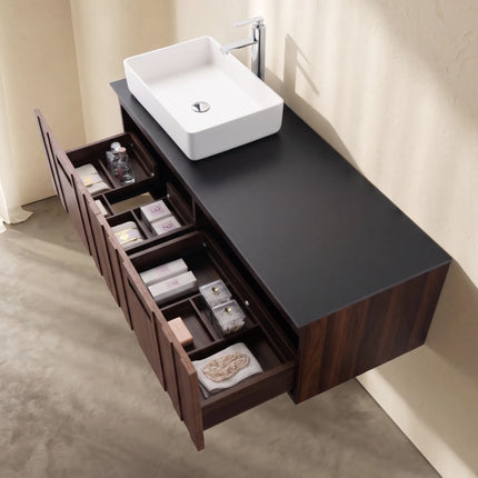 Set mobilier baie suspendat din lemn 140 cm cu lavoar și oglindă LED cu ramă din lemn