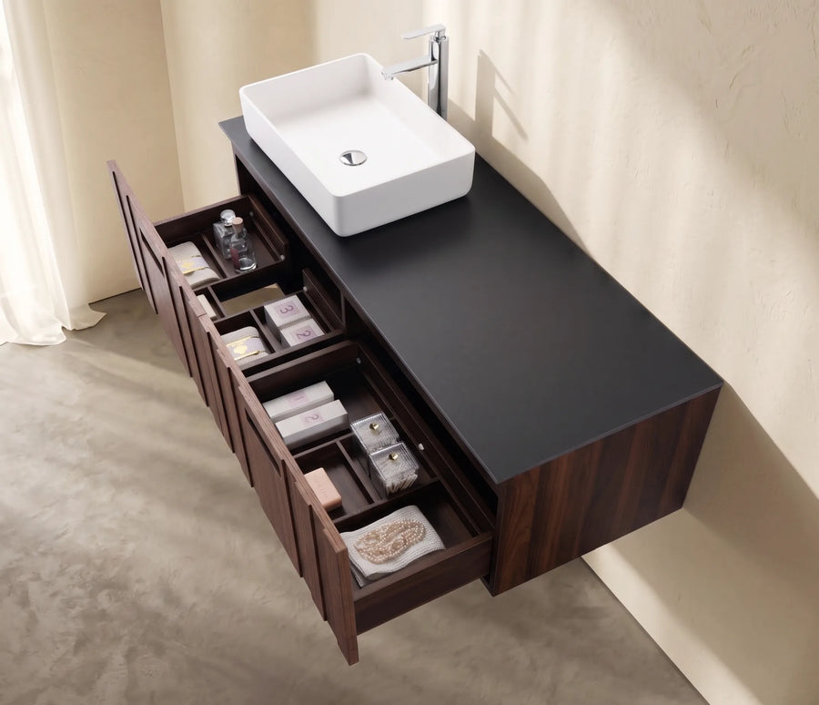 Set mobilier baie suspendat din lemn 140 cm cu lavoar și oglindă LED cu ramă din lemn