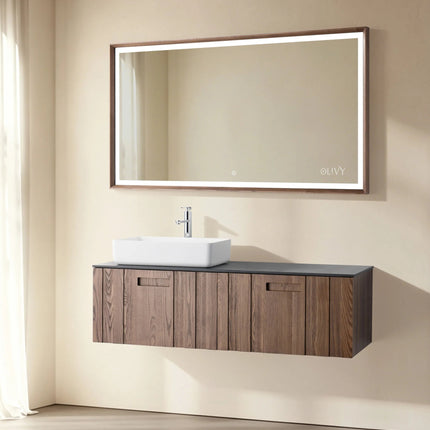 Set mobilier baie suspendat din lemn 140 cm cu lavoar și oglindă LED cu ramă din lemn