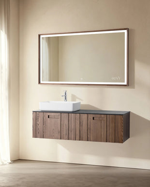 Set mobilier baie suspendat din lemn 140 cm cu lavoar și oglindă LED cu ramă din lemn
