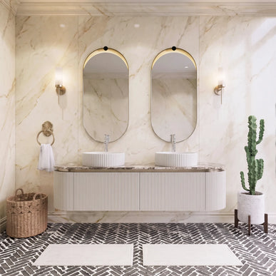 Set mobilier baie dublu 160 cm, suspendat, alb, cu lavoar dublu ceramic, blat rock slab și oglindă LED